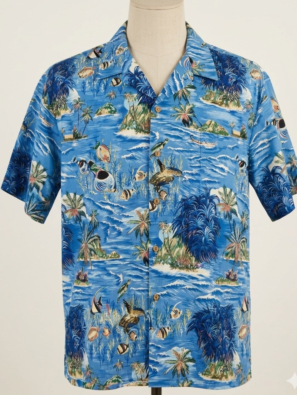RJC Hawaiian Mens 3XL Shirt Blue Cotton Tropical Ocean Print USA Aloha Camp